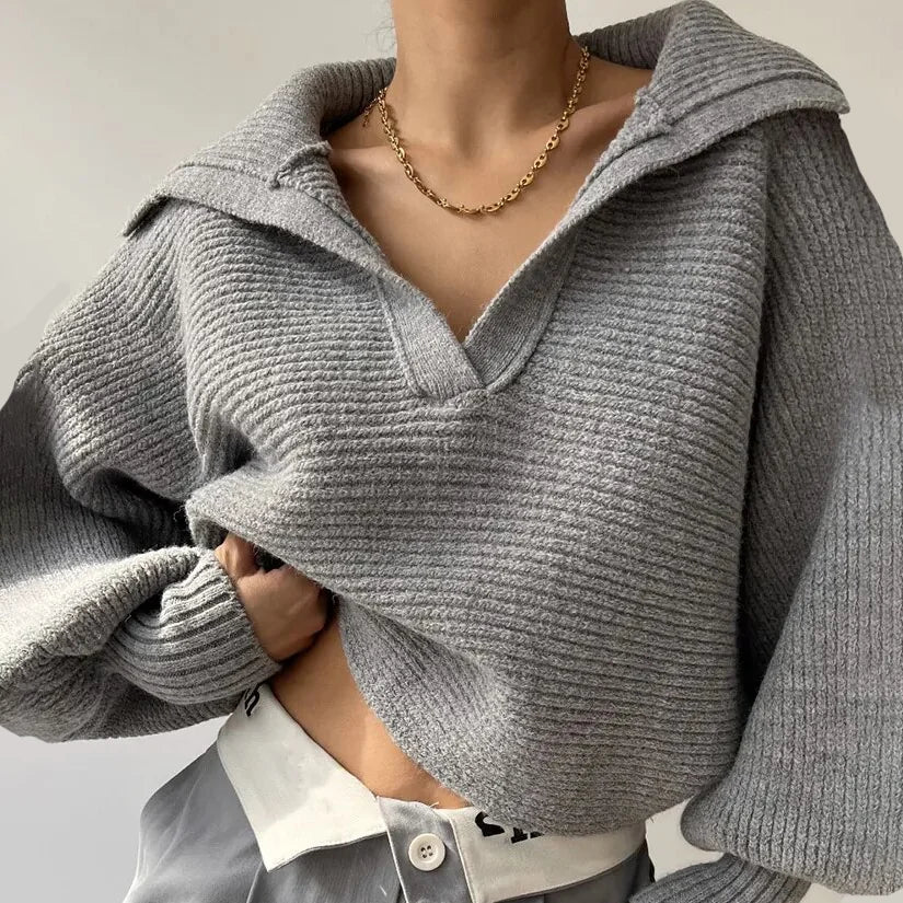 Chunky Knit Sweater with Zip Collar — Grey