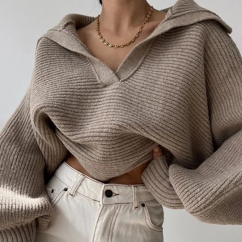 Chunky Knit Sweater with Zip Collar — Taupe