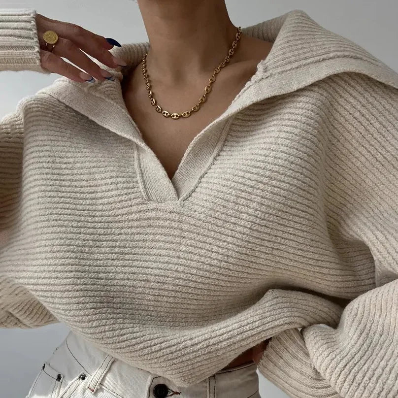 Chunky Knit Sweater with Zip Collar — Ivory Cream