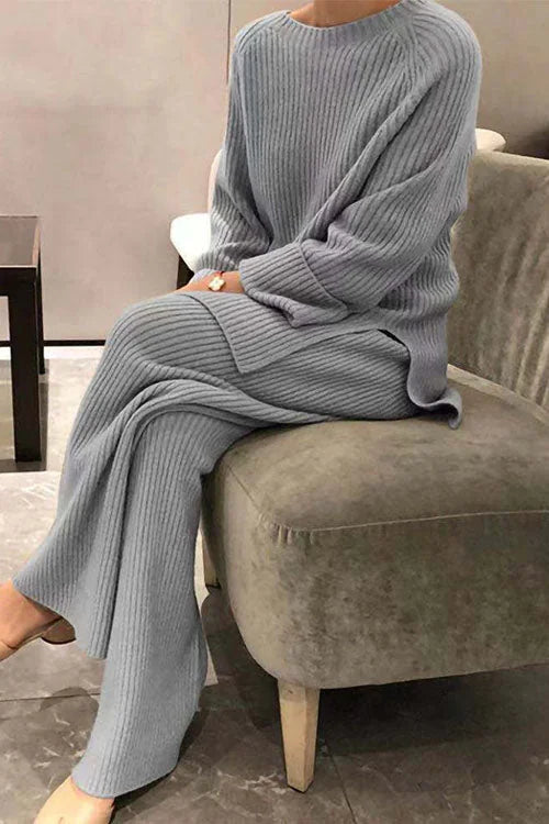 Knit Lounge Set with Crew Neck Top — Grey