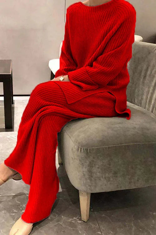 Knit Lounge Set with Crew Neck Top — Red
