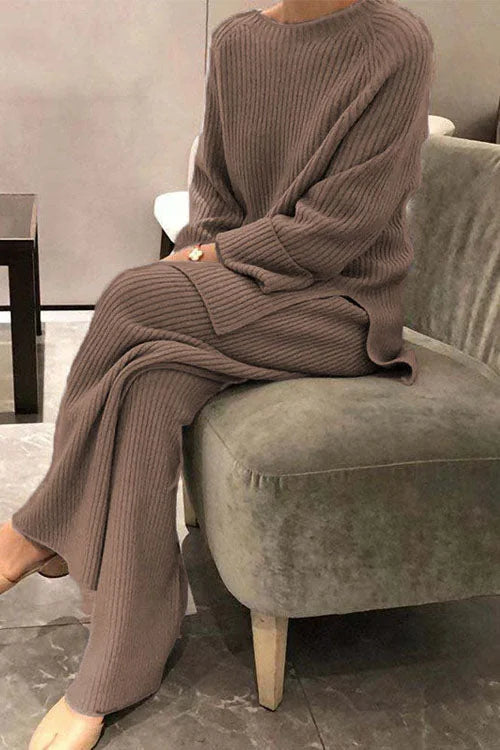Knit Lounge Set with Crew Neck Top — Camel
