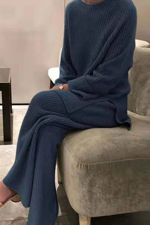 Knit Lounge Set with Crew Neck Top — Deep Blue