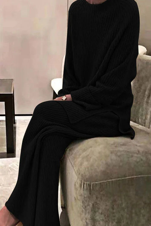 Knit Lounge Set with Crew Neck Top — Black