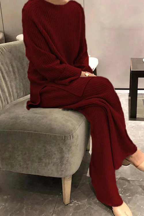 Knit Lounge Set with Crew Neck Top — Wine Red