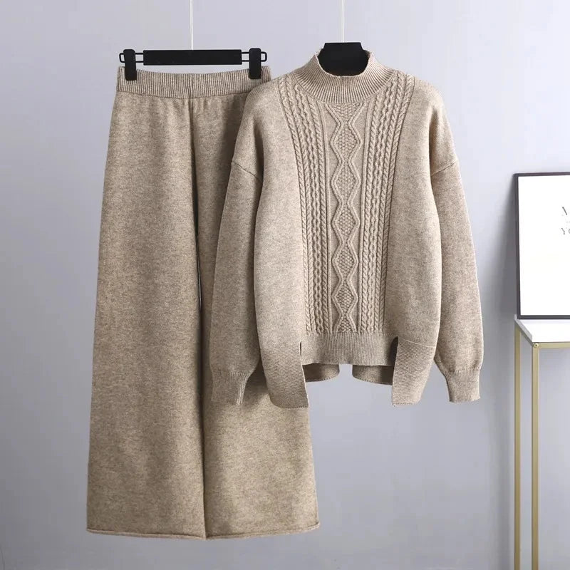 Knit Lounge Set with Cable Knit Top — Khaki