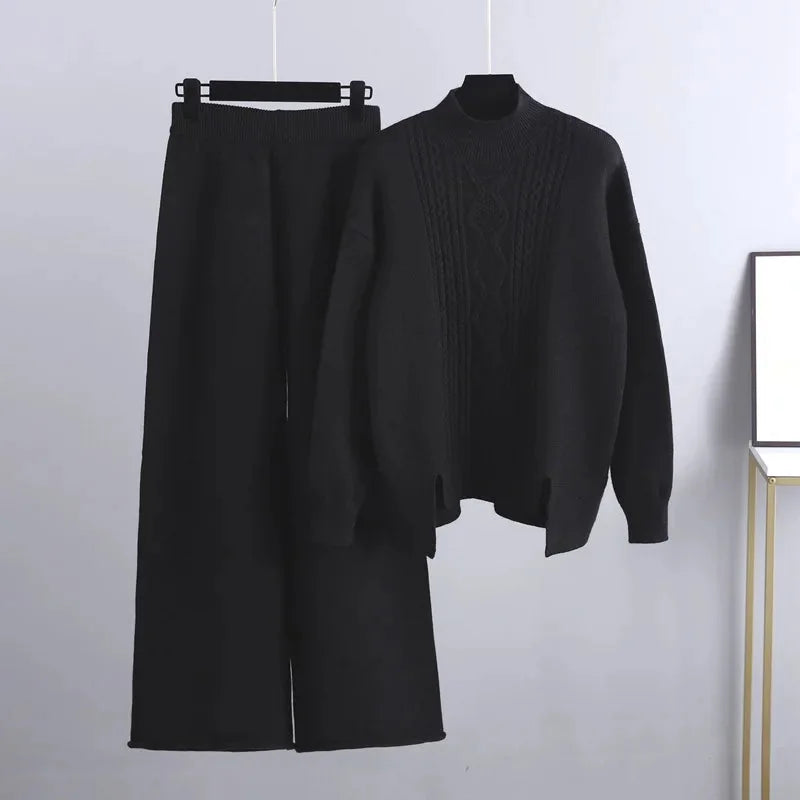 Knit Lounge Set with Cable Knit Top — Black
