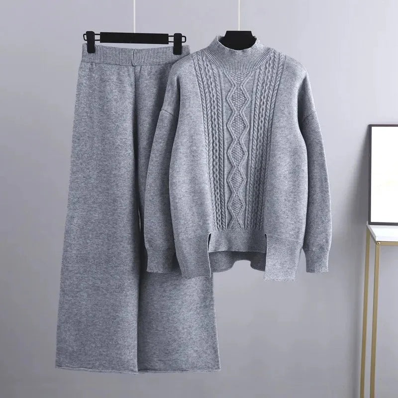 Knit Lounge Set with Cable Knit Top — Grey