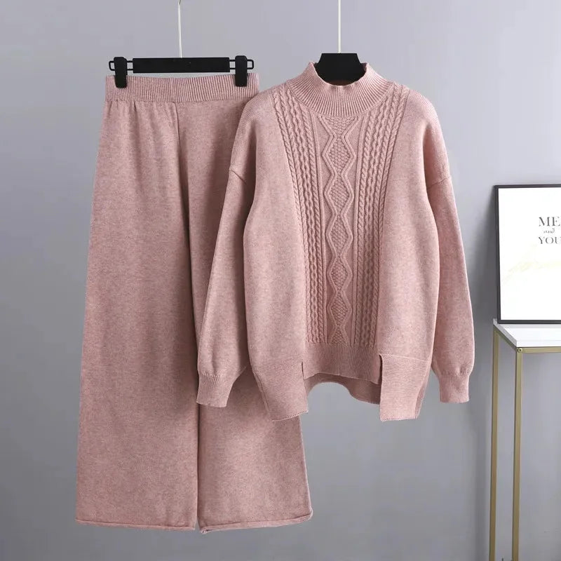 Knit Lounge Set with Cable Knit Top — Pink