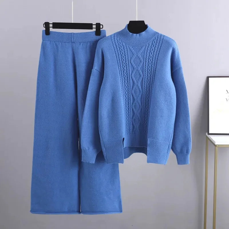 Knit Lounge Set with Cable Knit Top — Blue