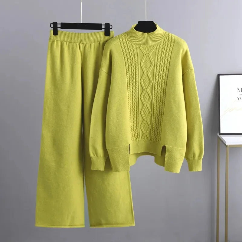 Knit Lounge Set with Cable Knit Top — Yellow