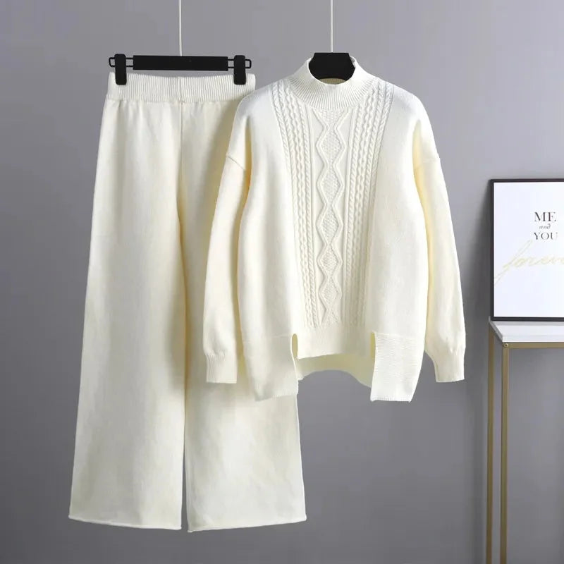 Knit Lounge Set with Cable Knit Top — White