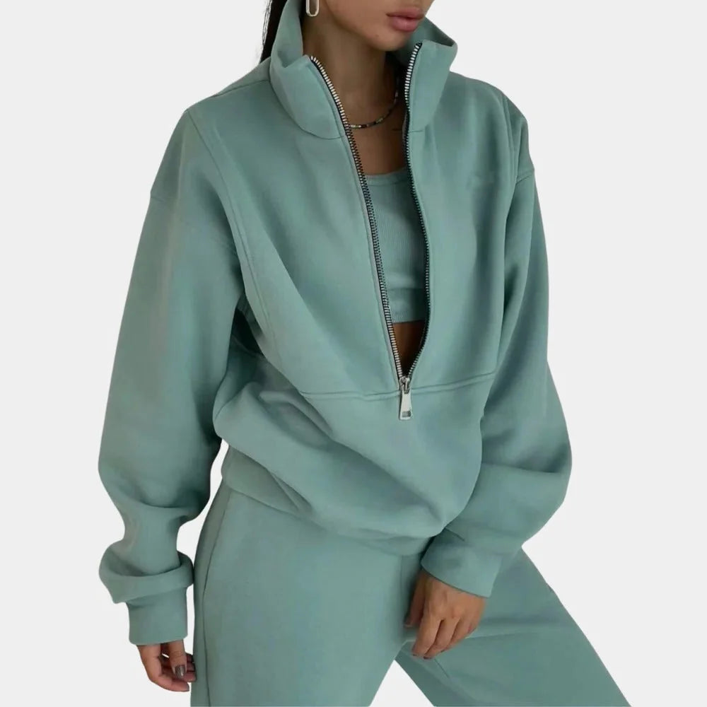 Loungewear Set – Sage Green Oversized Zip-Neck Top and Pants