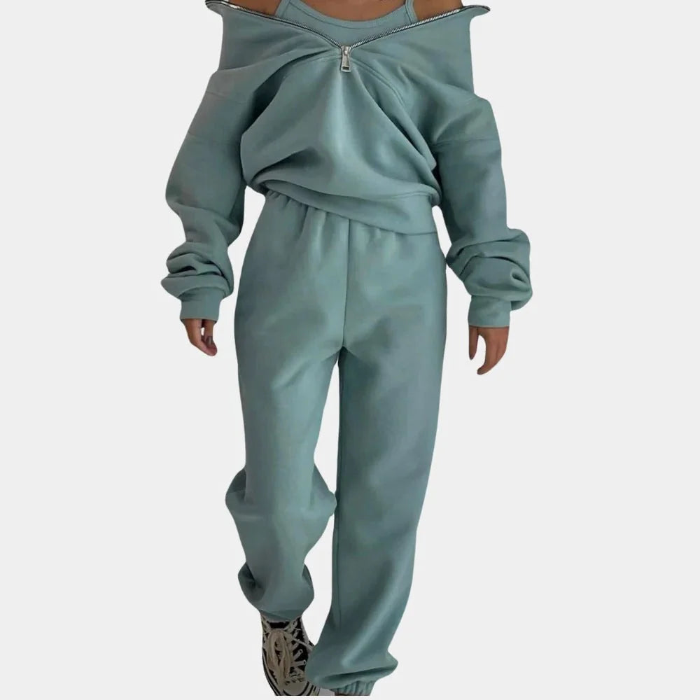 Loungewear Set – Sage Green Oversized Zip-Neck Top and Pants