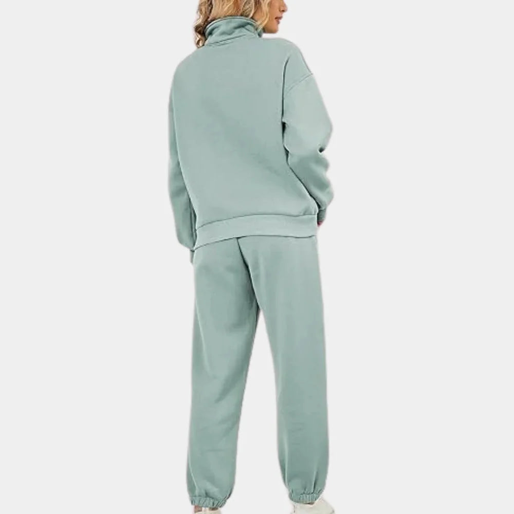Loungewear Set – Sage Green Oversized Zip-Neck Top and Pants