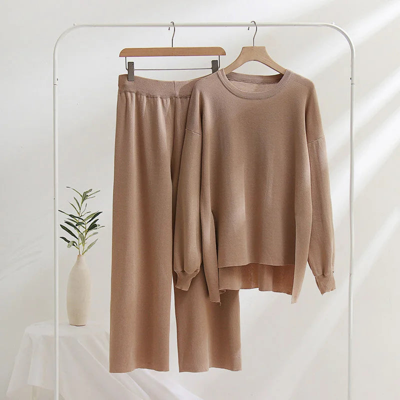 Knit Lounge Set with Longline Crew Neck Top — Khaki