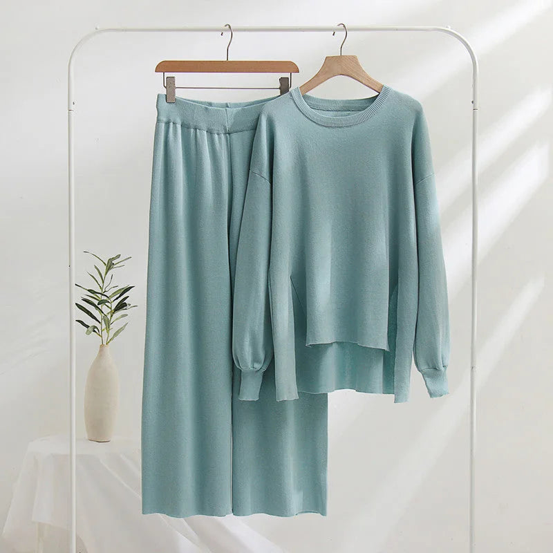 Knit Lounge Set with Longline Crew Neck Top — Light Blue