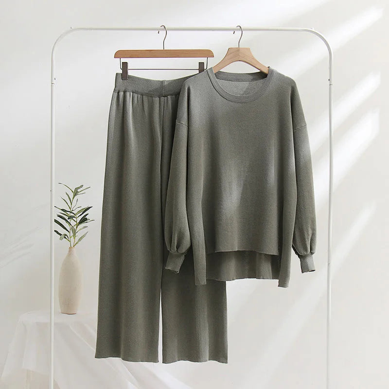 Knit Lounge Set with Longline Crew Neck Top — Grey
