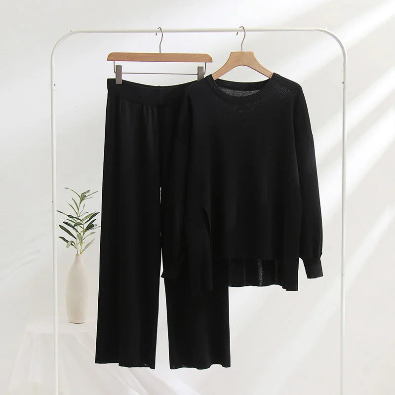 Knit Lounge Set with Longline Crew Neck Top — Black
