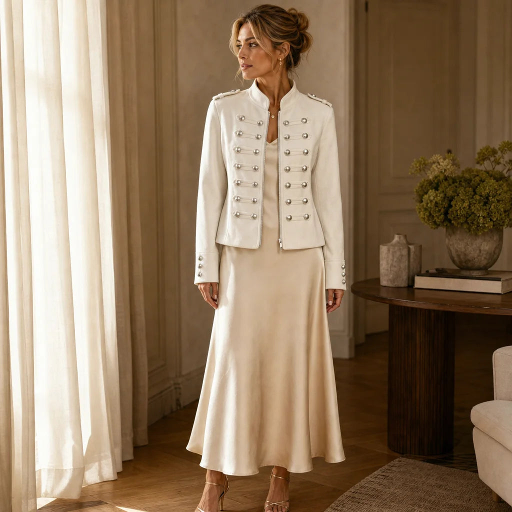 Military Blazer – White Stand-Collar Double-Row Button Front