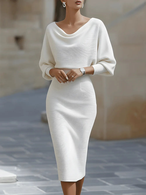 Adela Midi Dress for Women - Round Neck Batwing Sleeve Draped Fitted
