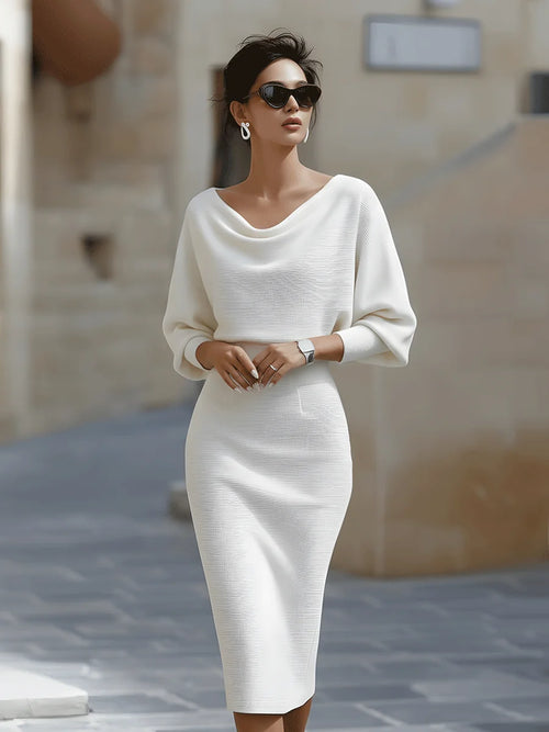 Adela Midi Dress for Women - Round Neck Batwing Sleeve Draped Fitted