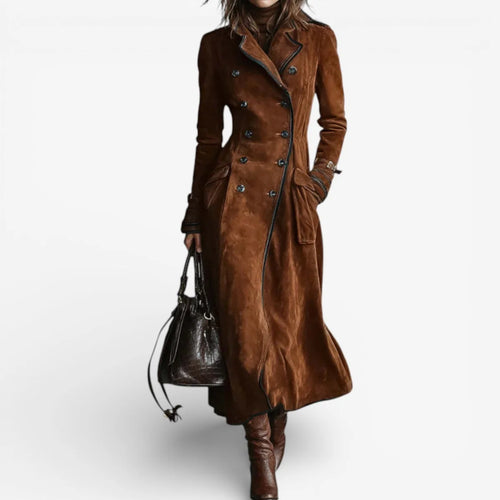 Amarah Suede Trench Coat for Women - Long Double Breasted Belted Coat