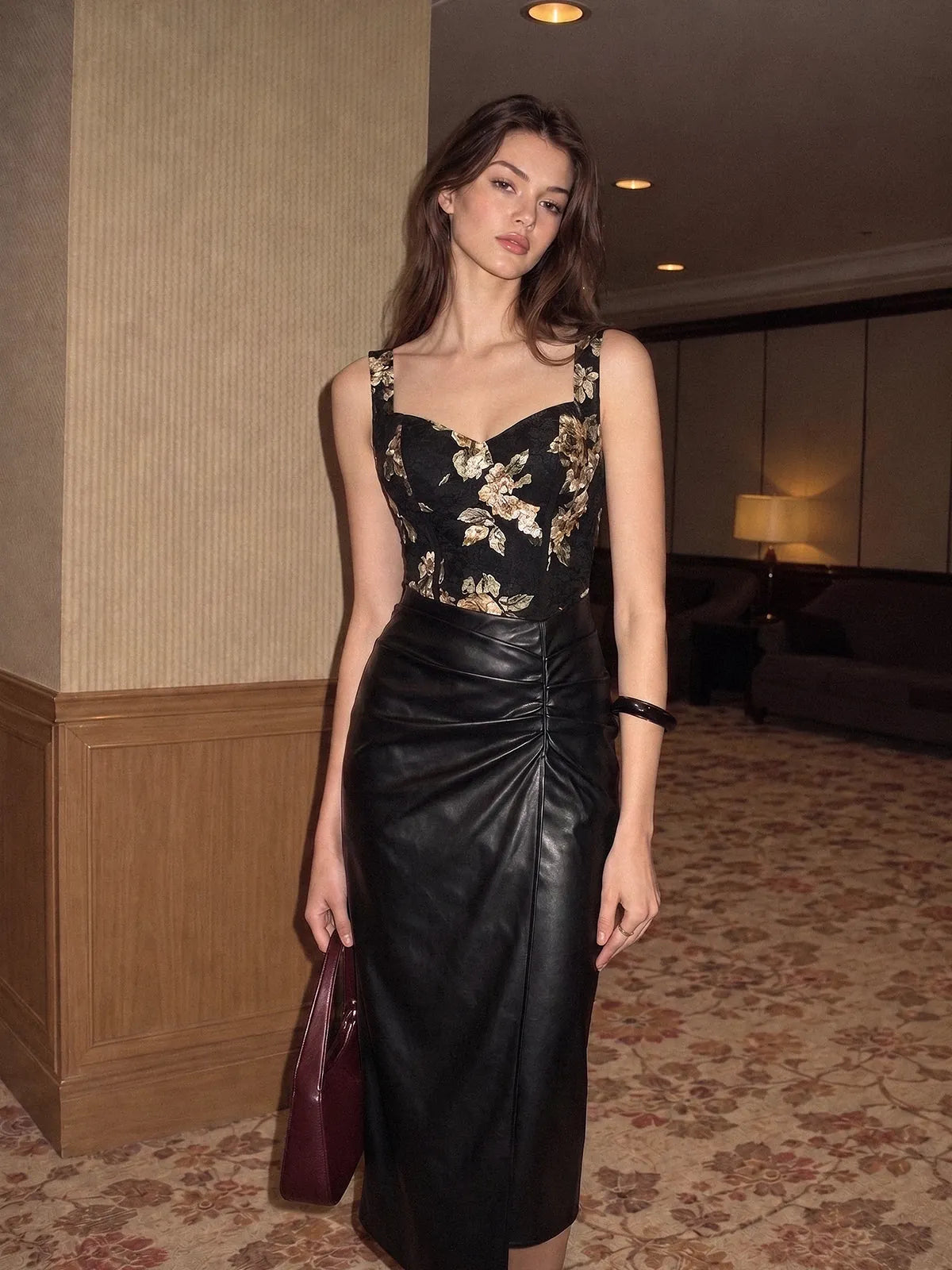 Annabel Lace Midi Dress Faux Leather Skirt Sleeveless