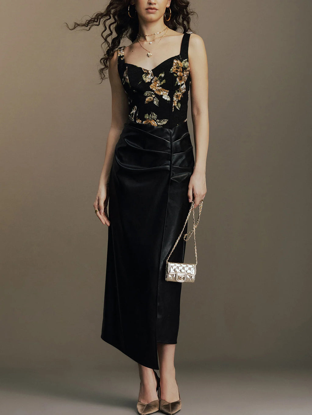 Annabel Lace Midi Dress Faux Leather Skirt Sleeveless
