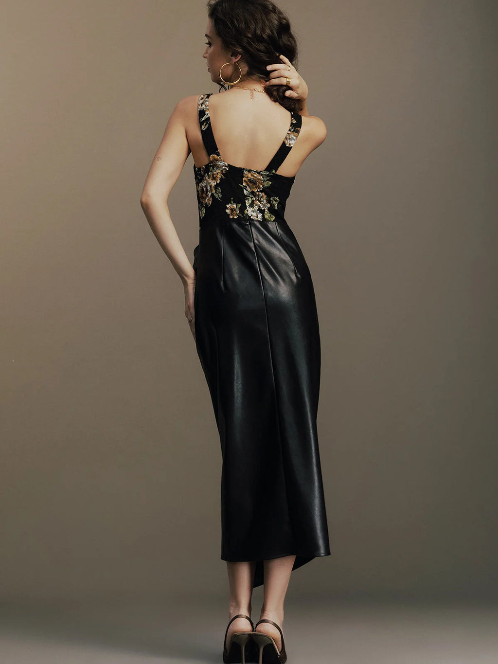 Annabel Lace Midi Dress Faux Leather Skirt Sleeveless