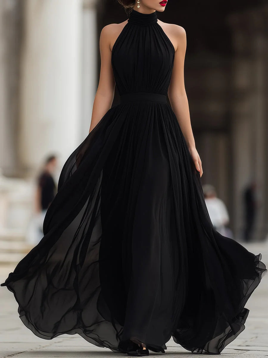 Black Chiffon Maxi Dress – Halter Neck Pleated Evening