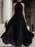 Black Chiffon Maxi Dress – Halter Neck Pleated Evening