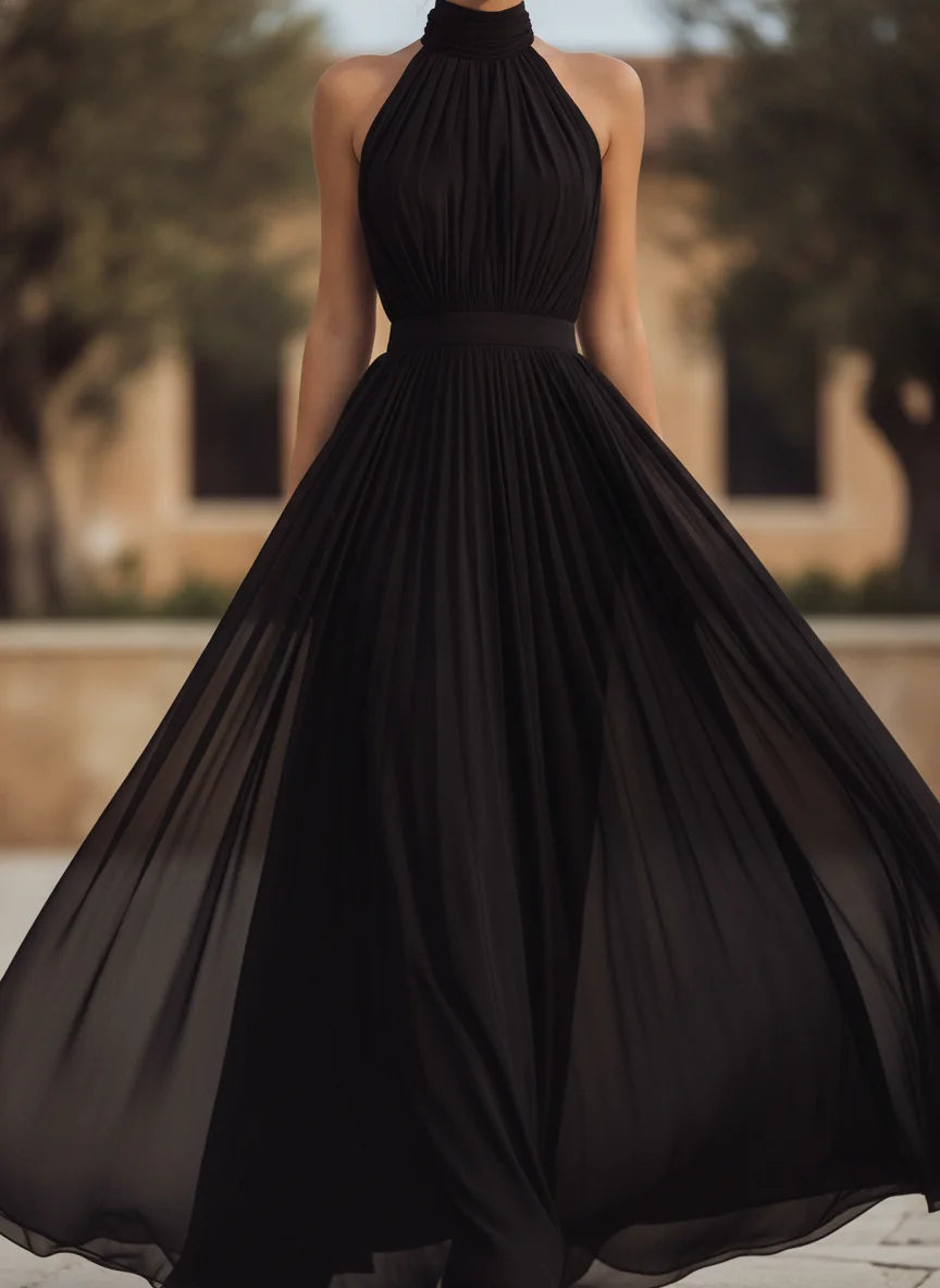 Black Chiffon Maxi Dress – Halter Neck Pleated Evening