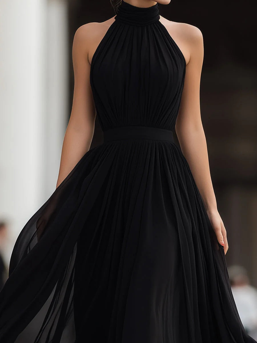Black Chiffon Maxi Dress – Halter Neck Pleated Evening