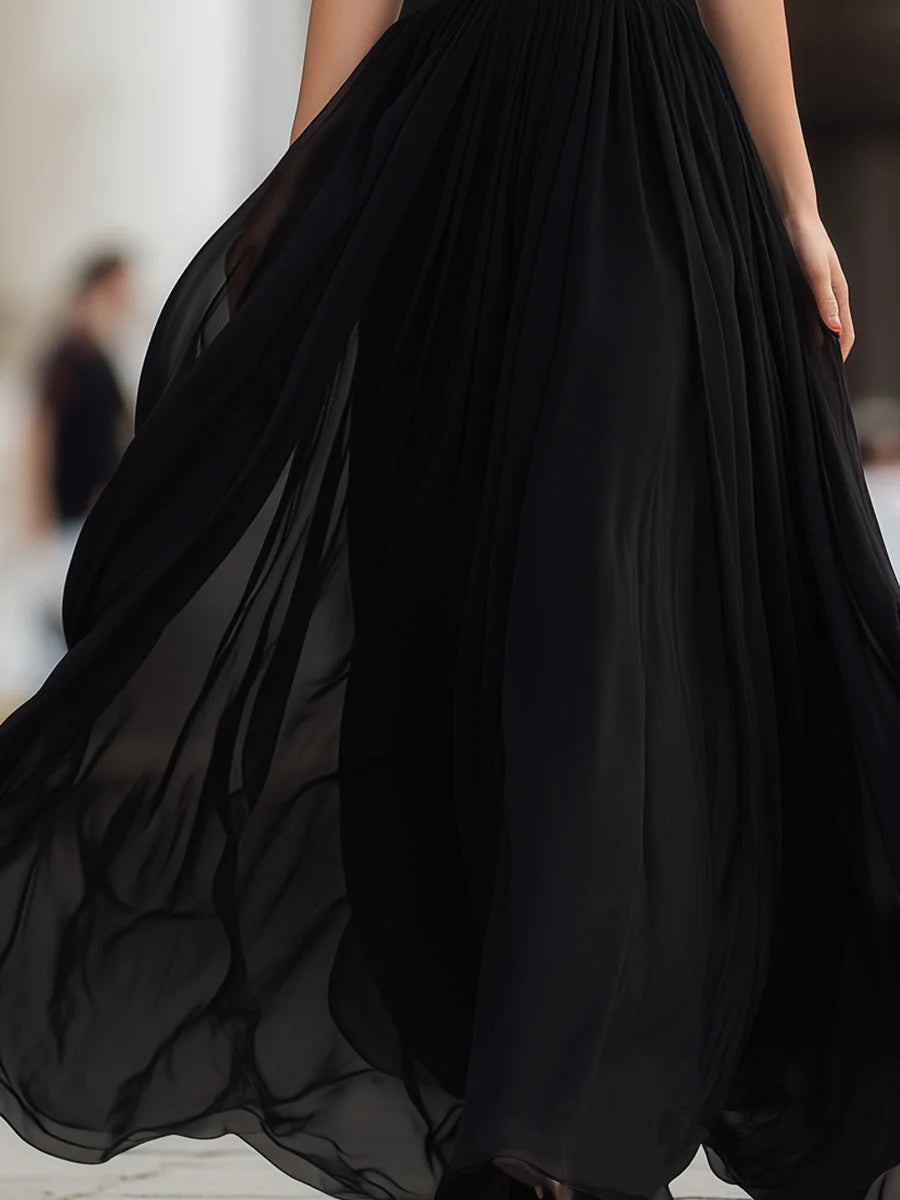 Black Chiffon Maxi Dress – Halter Neck Pleated Evening