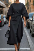 Black Dress – Elegant Lantern Sleeve Belted Midi