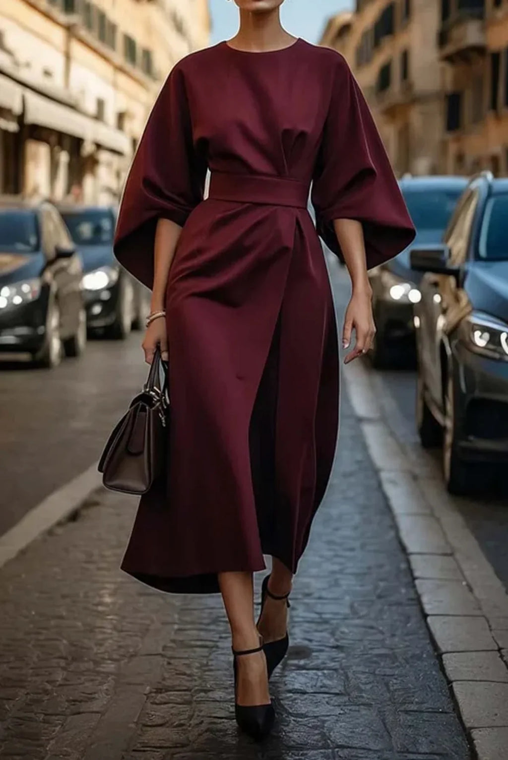 Black Dress – Elegant Lantern Sleeve Belted Midi