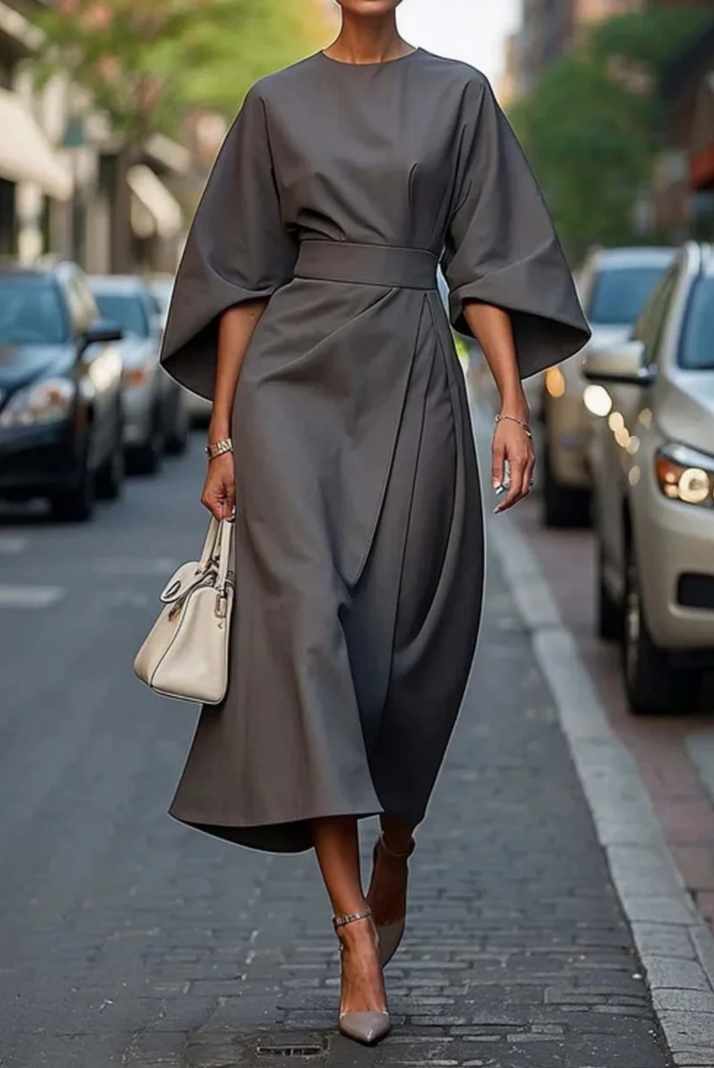 Black Dress – Elegant Lantern Sleeve Belted Midi