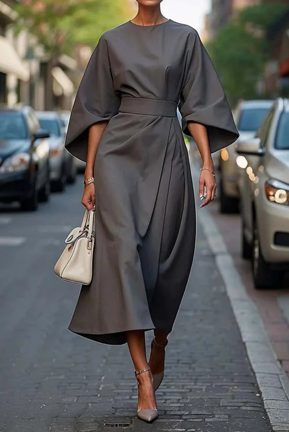 Black Dress – Elegant Lantern Sleeve Belted Midi