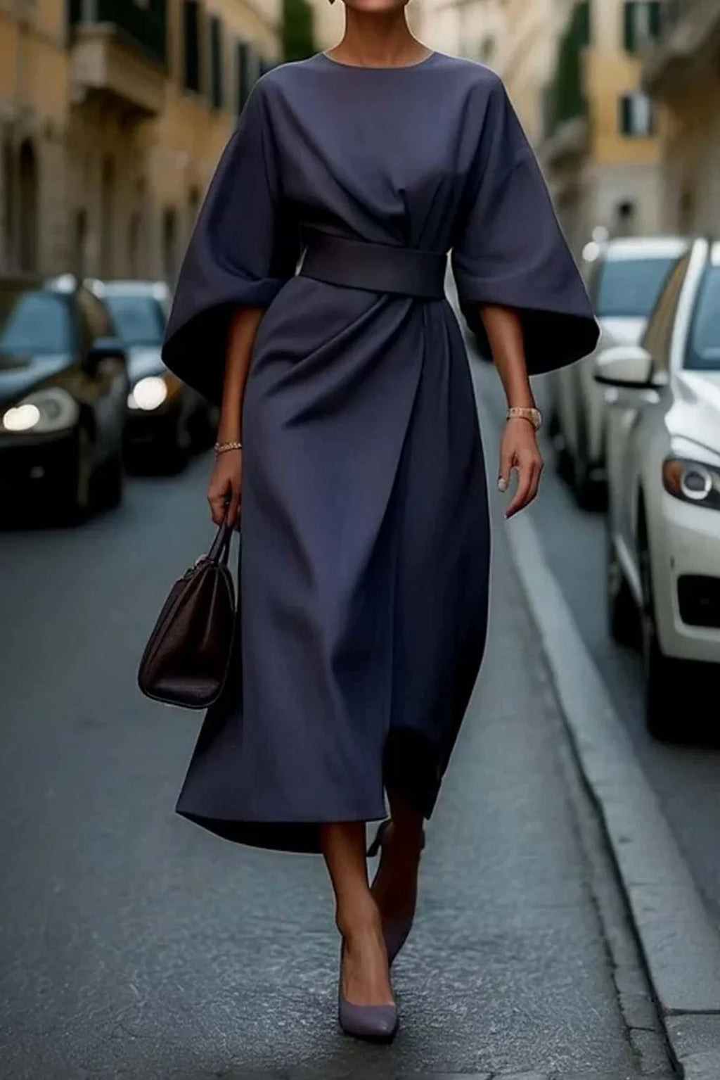 Black Dress – Elegant Lantern Sleeve Belted Midi