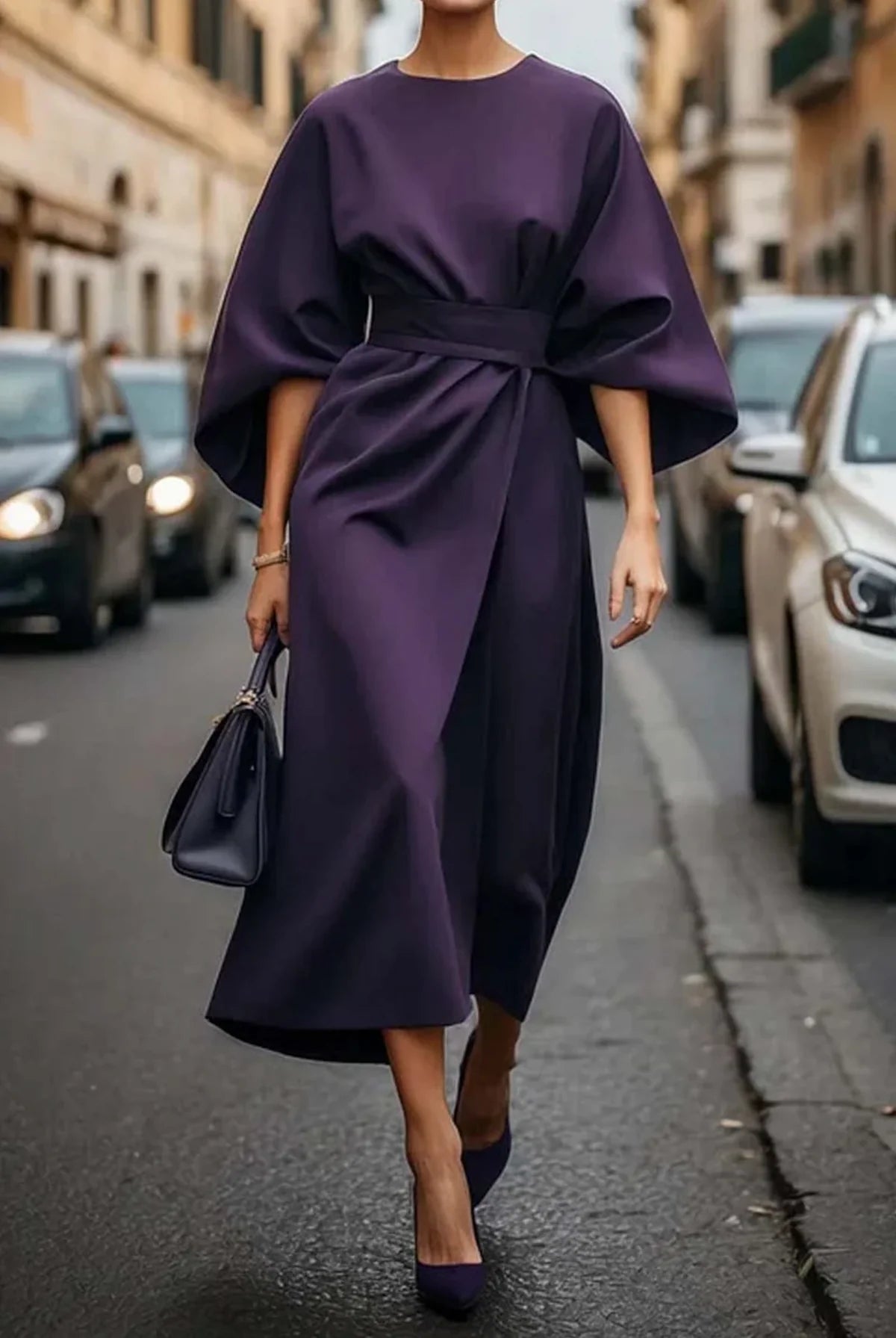 Black Dress – Elegant Lantern Sleeve Belted Midi