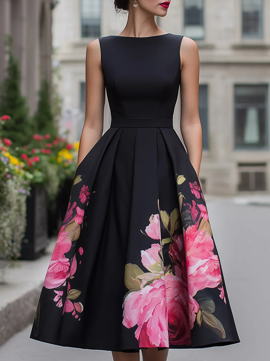 Black Midi Dress – Floral A-Line Cocktail