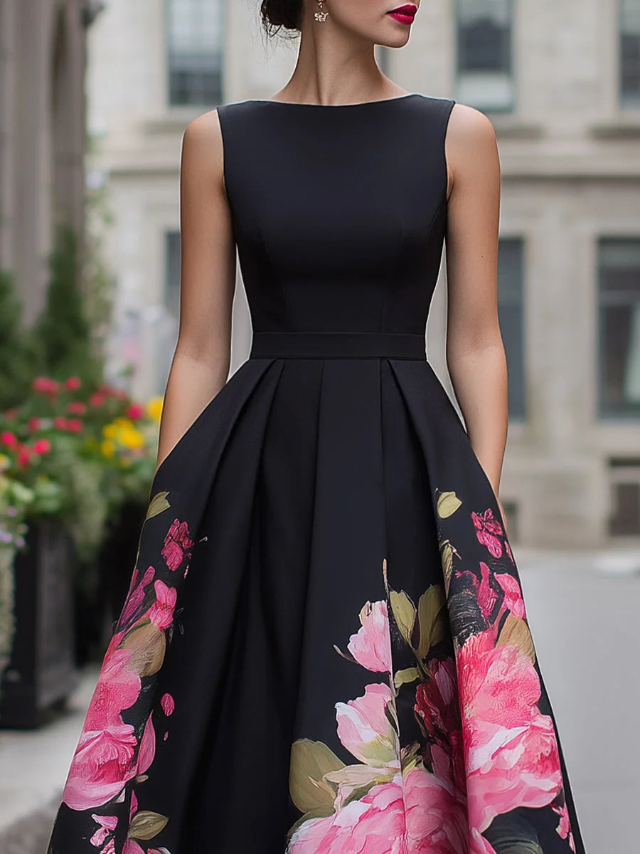 Black Midi Dress – Floral A-Line Cocktail