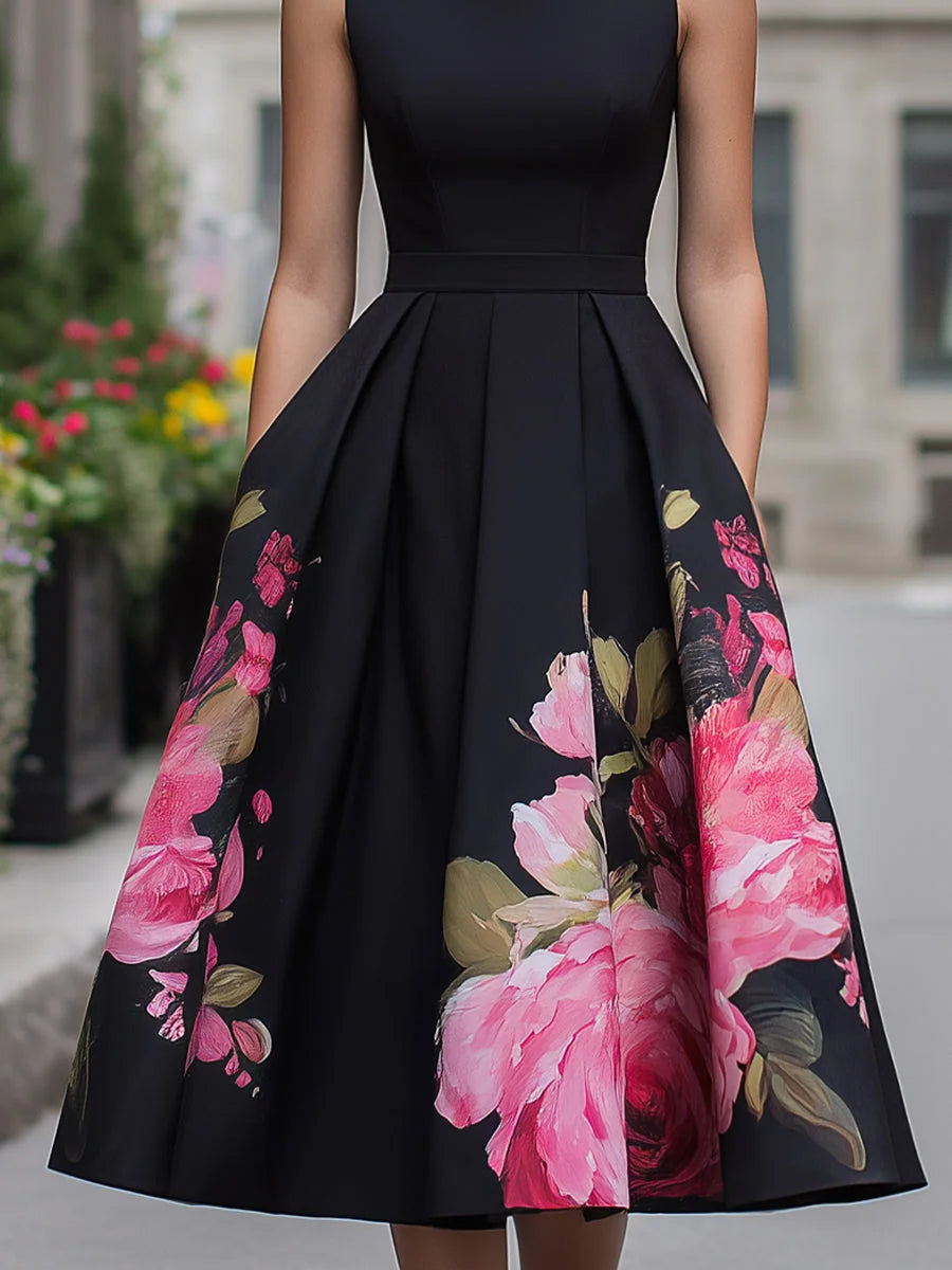 Black Midi Dress – Floral A-Line Cocktail
