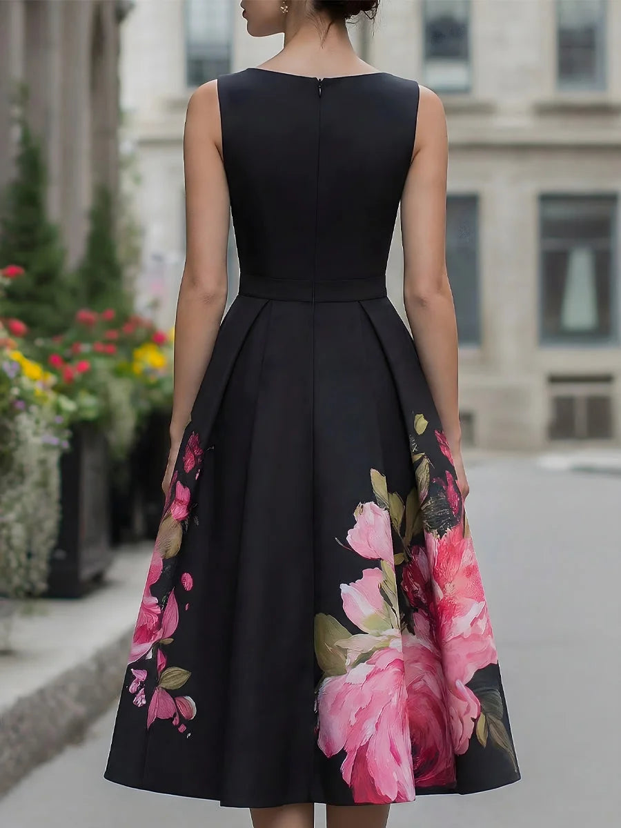 Black Midi Dress – Floral A-Line Cocktail