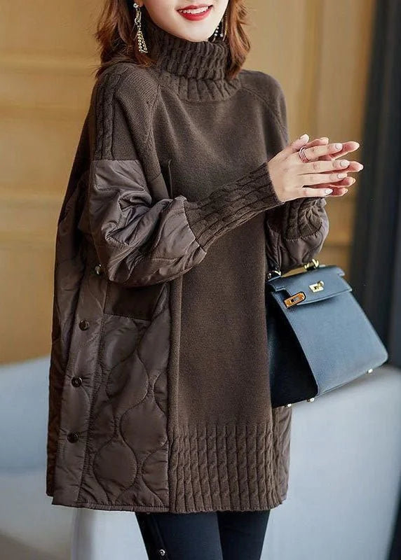 Black Patchwork Turtleneck Sweater for Women - Oversized Knit Pullover