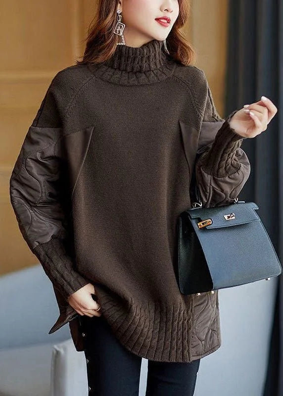 Black Patchwork Turtleneck Sweater for Women - Oversized Knit Pullover