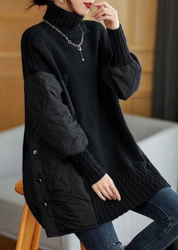 Black Patchwork Turtleneck Sweater for Women - Oversized Knit Pullover