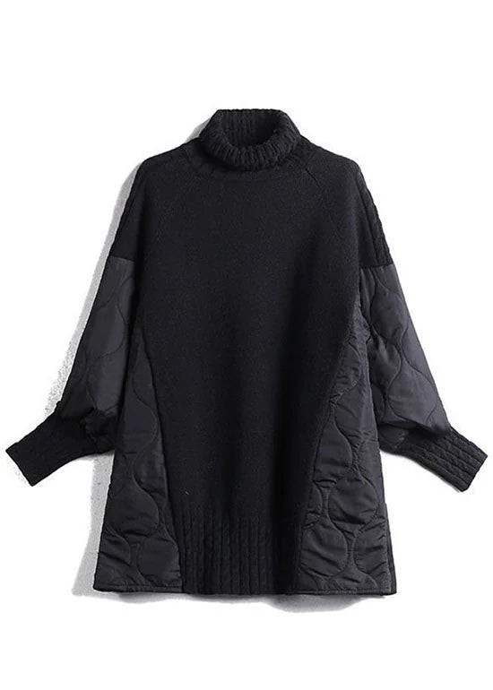Black Patchwork Turtleneck Sweater for Women - Oversized Knit Pullover