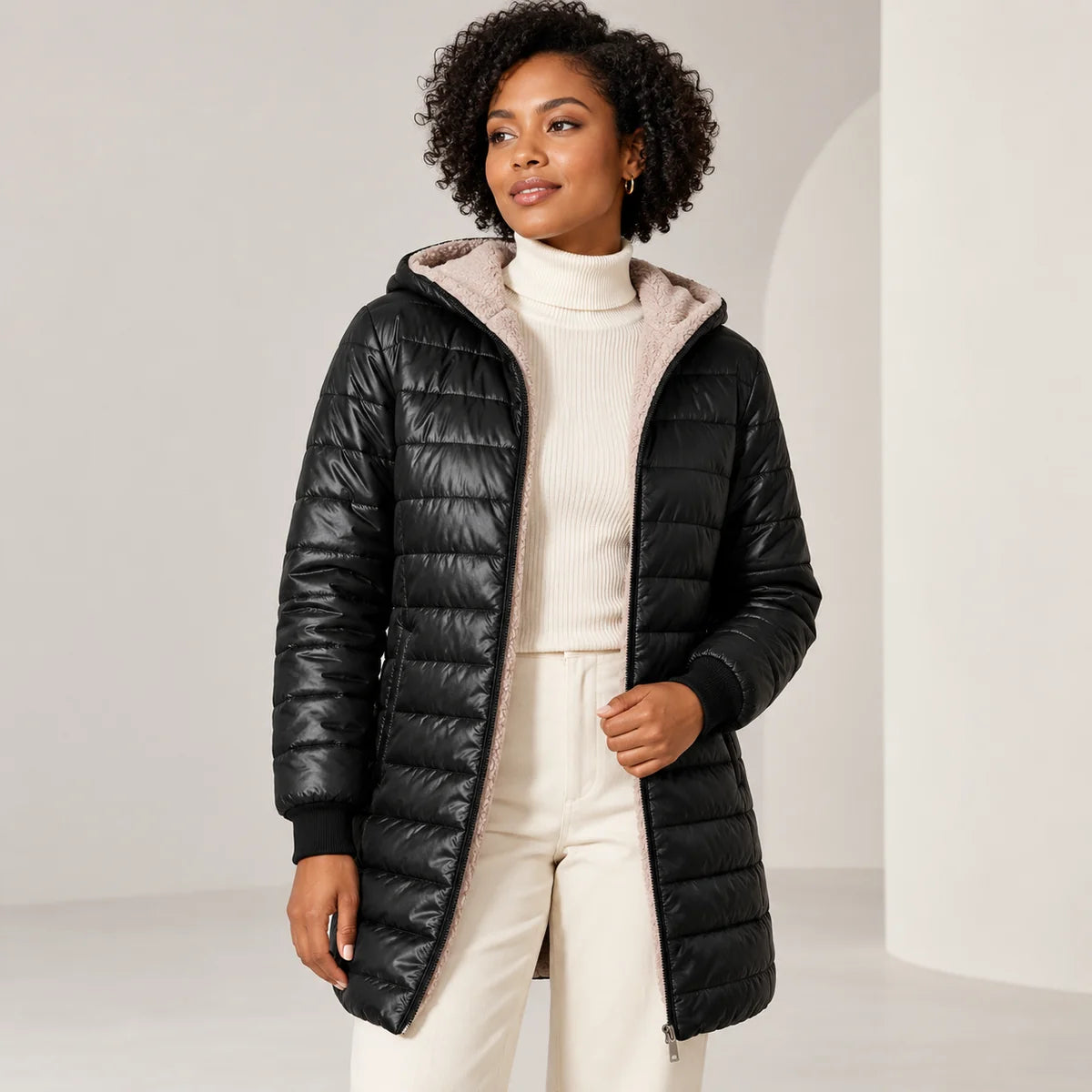 Black Puffer Jacket – Sherpa Lined Hooded Longline